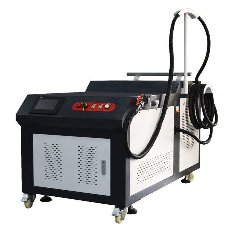 MW-PW handheld fiber laser welding machine: black and white cabinet on castors with touch screen, control buttons, fiber cable and torch holder