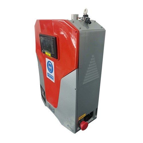 MW-LC50 backpack laser cleaner in a red and grey housing with a front screen and safety-glasses label, three-quarter view