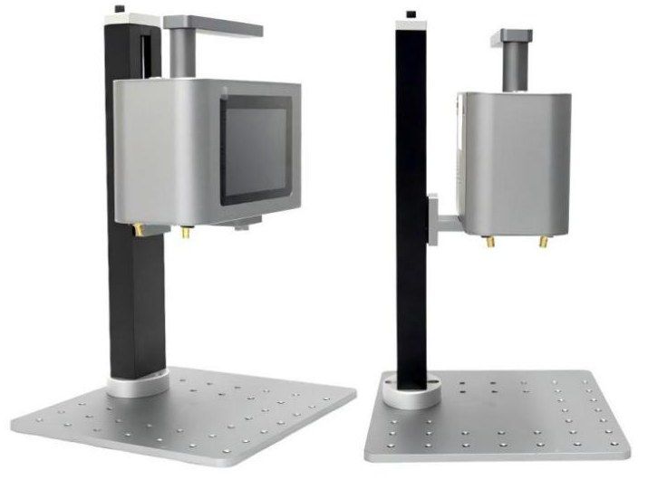 MW-SM2 mini 2 W laser marker on its desktop stand, front and side views