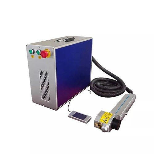 MW-LS50 portable laser cleaner: compact steel housing with top handle, front switches and emergency stop, and a handheld scanning head on an armoured fiber cable