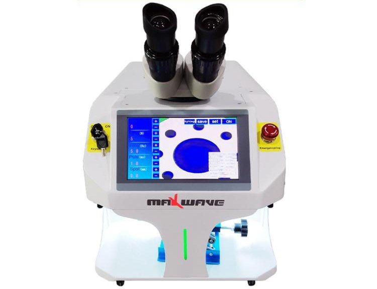 Front view of the MW-ST100W mini all-in-one jewelry laser welder with microscope, touch screen and lit work area