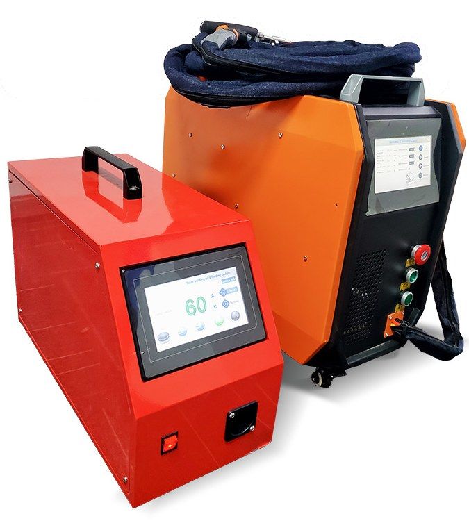 1000/1200 W air-cooled handheld laser welder: orange and black main unit with fiber cable and torch on top, next to a red touch-screen wire feeder