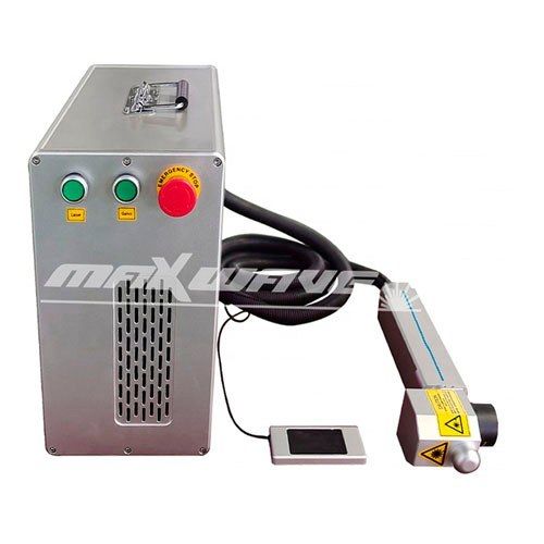 Compact fiber laser cleaning unit: steel housing with top carry handle, front switches and emergency stop, and a handheld scanning head on an armoured fiber cable