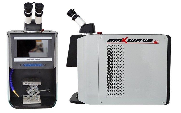 Front and side views of the MW-QW QCW fiber jewelry laser welder with microscope, CCD screen and lift table