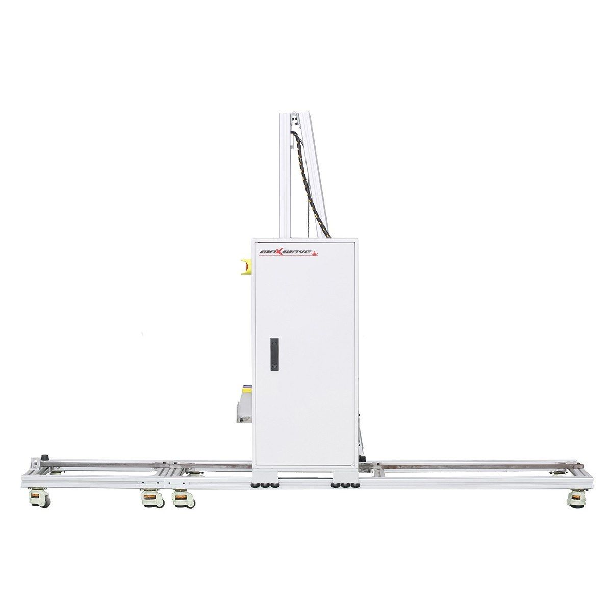 3D vertical wall printer with white cabinet and print mast on a wheeled aluminium floor rail
