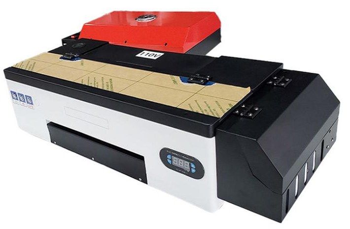 A3 DTF printer with ink tank housing and a compact curing oven on top