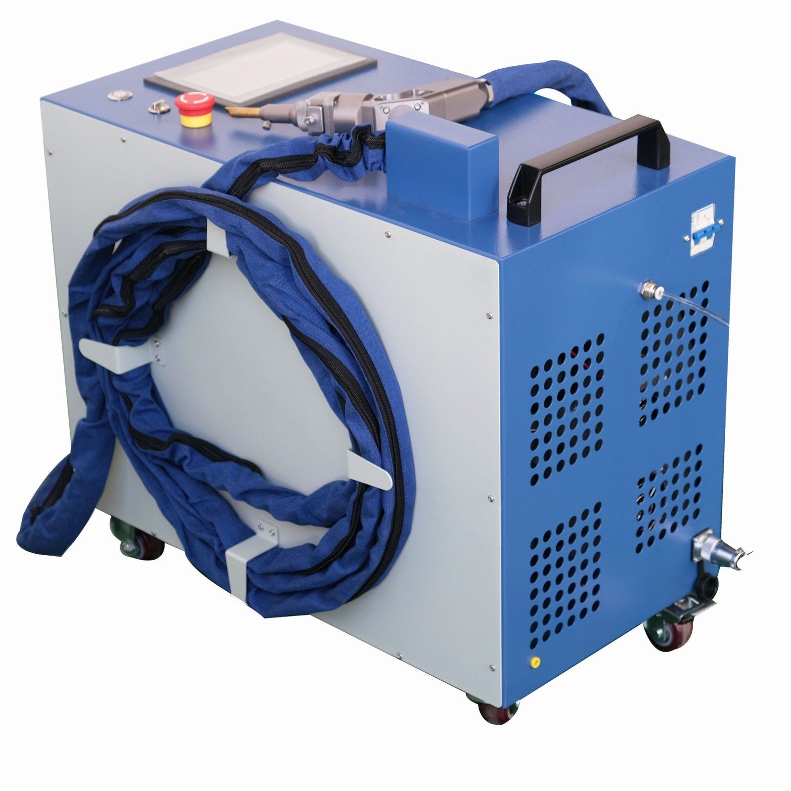 MW-FR1000 handheld laser welding machine: blue and grey cabinet on castors with touch screen, wobble welding head on top and fiber cable coiled on the side