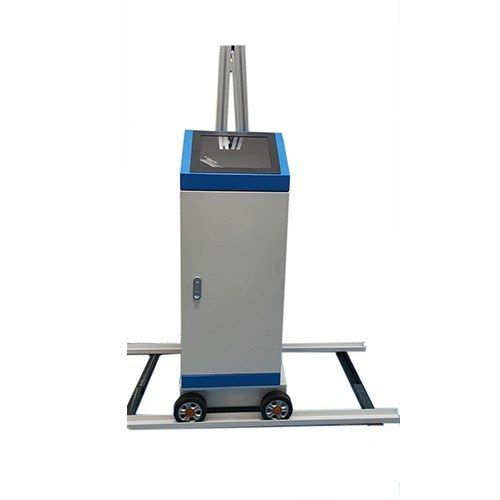Wheeled mural wall printer with blue-and-white cabinet, wheel base and short guide track