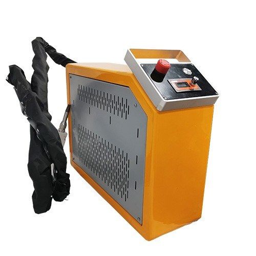Mini 300 W handheld laser welder: compact orange and grey case with control panel on top and fiber cable to the torch