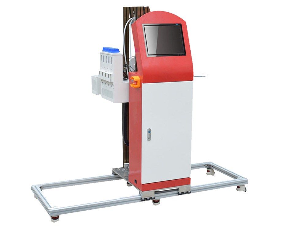 Direct-to-wall printer with red-and-white kiosk, side ink bottles and aluminium floor frame