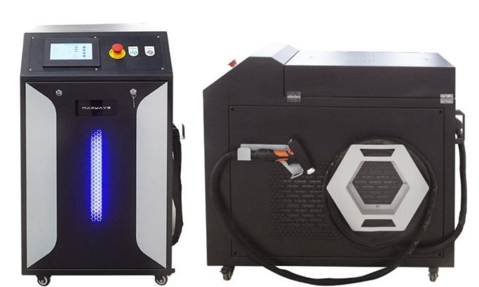 Front and side views of the MW-LCW cleaner, showing the control panel and the cleaning head docked beside the hexagonal cable reel