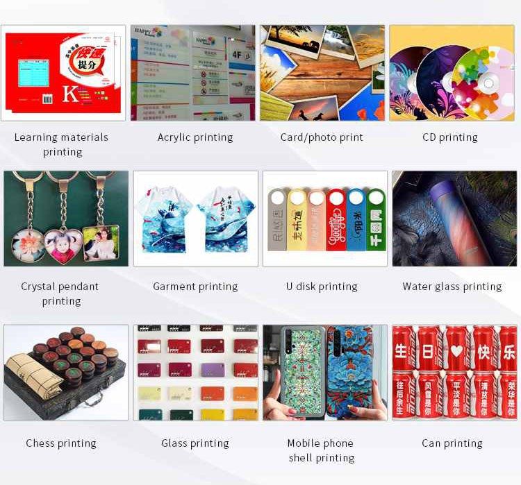 A3 UV print samples on cards, acrylic, CDs, crystal, garments, USB drives, glass, phone cases and cans