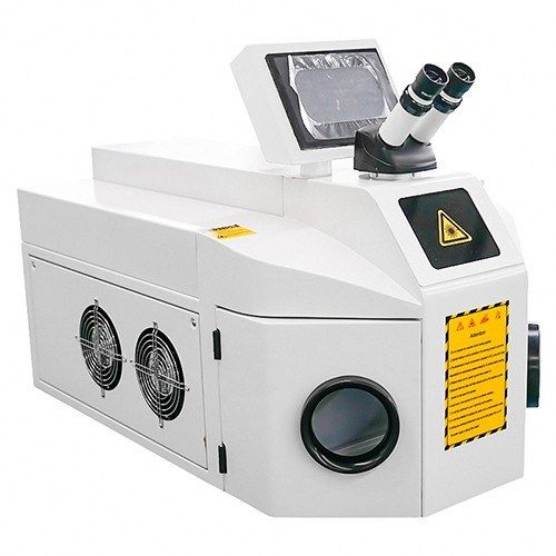 White version of the desktop jewelry laser welder, three-quarter view with microscope, display and viewing window