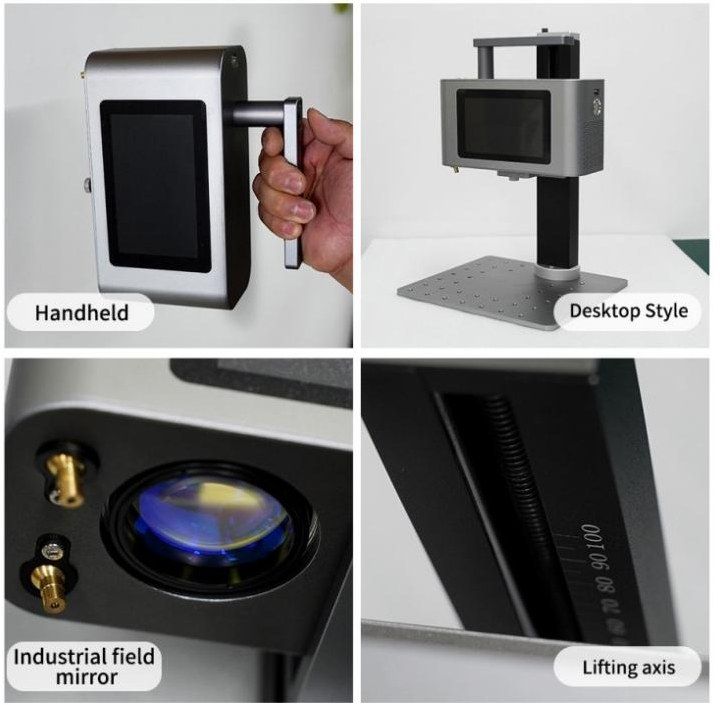 MW-SM2 details: held by its handle, mounted on the desktop stand, field lens with two red pointers, and the graduated lifting axis