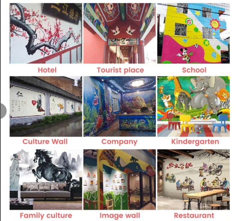 Murals printed with vertical wall printers in a hotel, school, kindergarten, office, home and restaurant