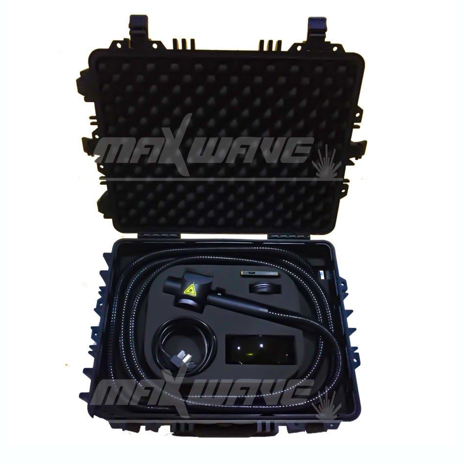 Open case of the MW-LC100 showing the cleaning head and coiled fiber cable in foam inserts