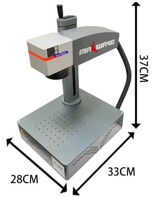 Integrated fiber laser marker with dimensions marked: 28 cm by 33 cm footprint, 37 cm high