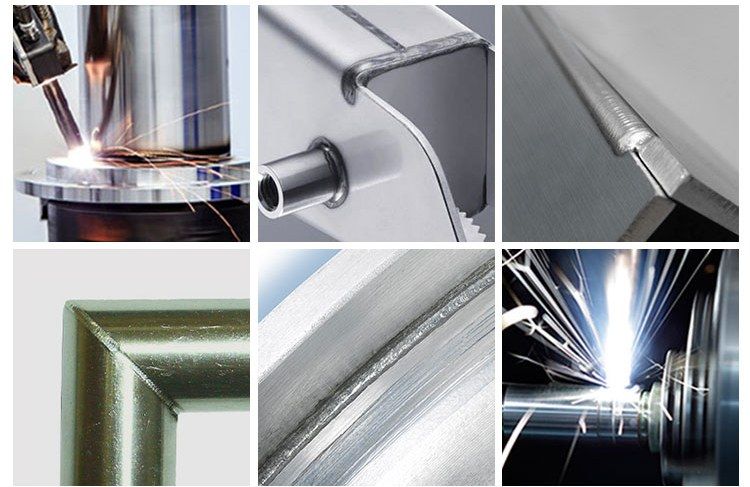 Examples of laser weld seams: tube flange, bent bracket with tube, fillet seam, stainless frame corner and aluminium cylinder seam