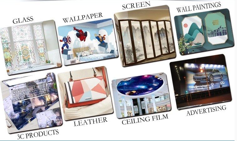 UV flatbed print applications: glass, wallpaper, screens, wall art, electronics, leather, ceiling film and signage