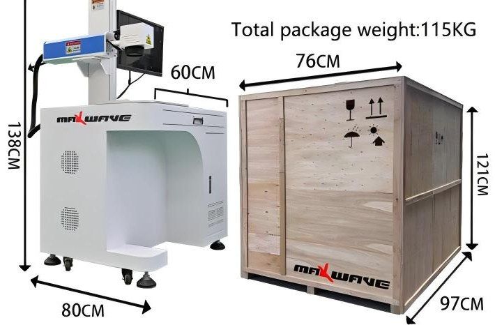 Cabinet fiber laser marker dimensions, 80 × 60 × 138 cm, next to its export crate of 97 × 76 × 121 cm and 115 kg packed