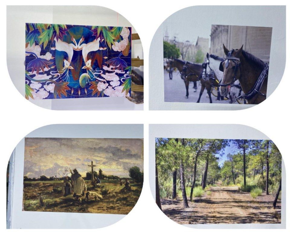 Four UV wall-print samples: a botanical pattern, horses, a landscape painting and a forest path