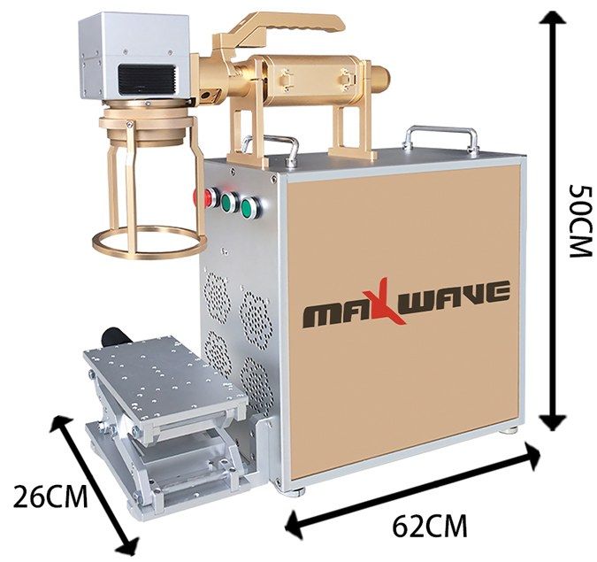 Portable handheld fiber laser marker with dimensions 62 × 26 × 50 cm