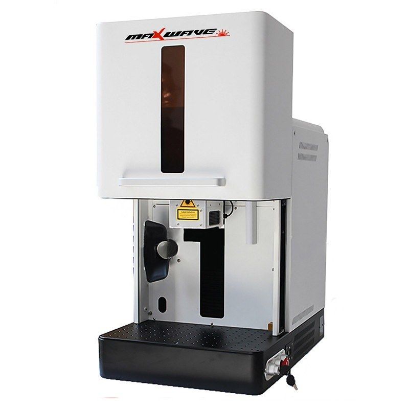 Compact enclosed UV laser marker with lift-up door, viewing window and marking table