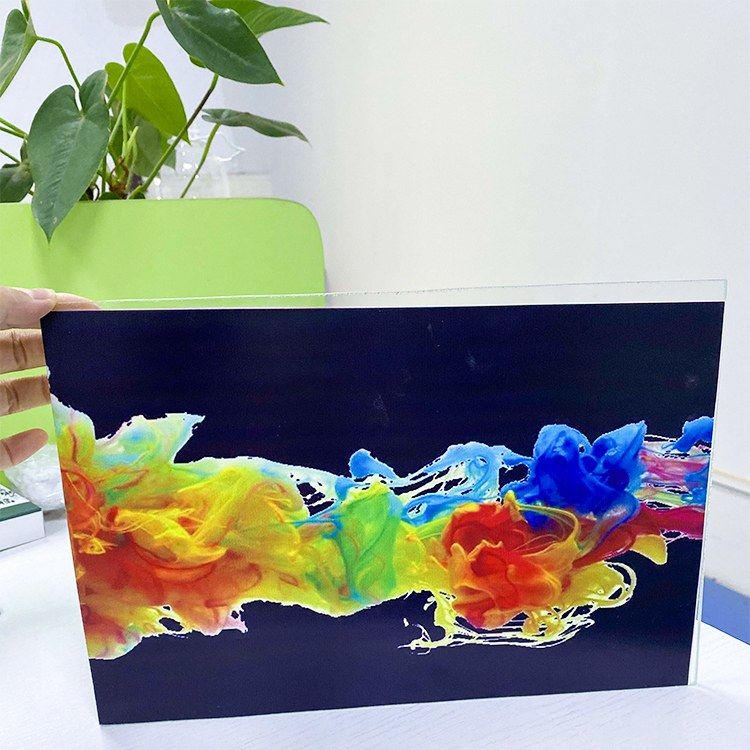 UV print on a glass panel with a dark background and bright colours