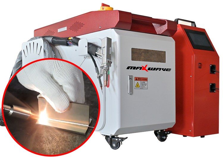 MW-HW handheld laser welder and wire feeder, with an inset of the torch welding a stainless steel angle