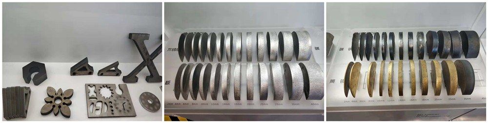 Fiber laser cut samples: carbon steel shapes and lettering, and rows of stainless steel and brass test pieces in increasing thickness
