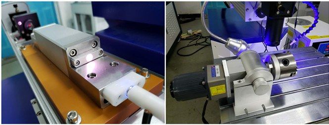 Close-ups of the laser module and the rotary chuck fixture on the work table