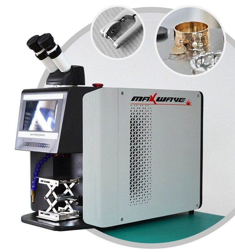 QCW fiber jewelry laser welder on a bench, with insets of a welded clasp and a gold ring with chain