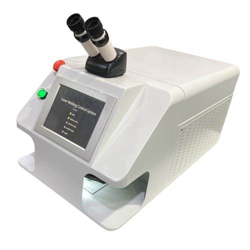 Three-quarter view of the mini 200 W jewelry welder showing the control screen and the opening to the work chamber