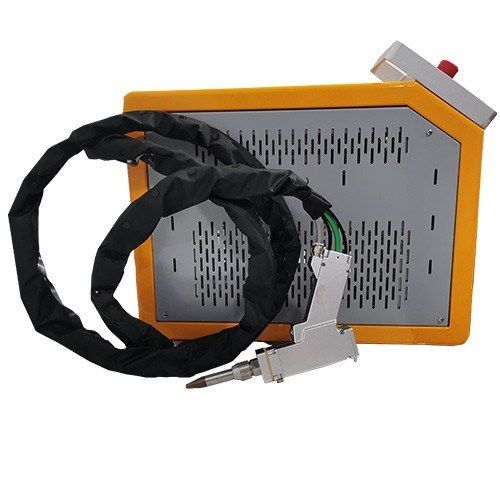Side view of the mini 300 W laser welder with the handheld welding torch and coiled fiber cable