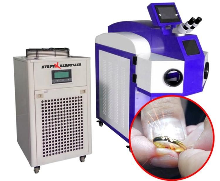 Three-quarter view of the 200 W vertical jewelry welder and chiller, with an inset of a gold ring being welded