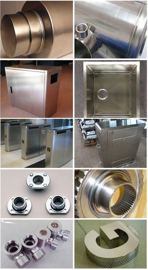 Laser-welded samples: stainless tubes, cabinets, a sink, turnstile housings, flanged fittings and a signage letter
