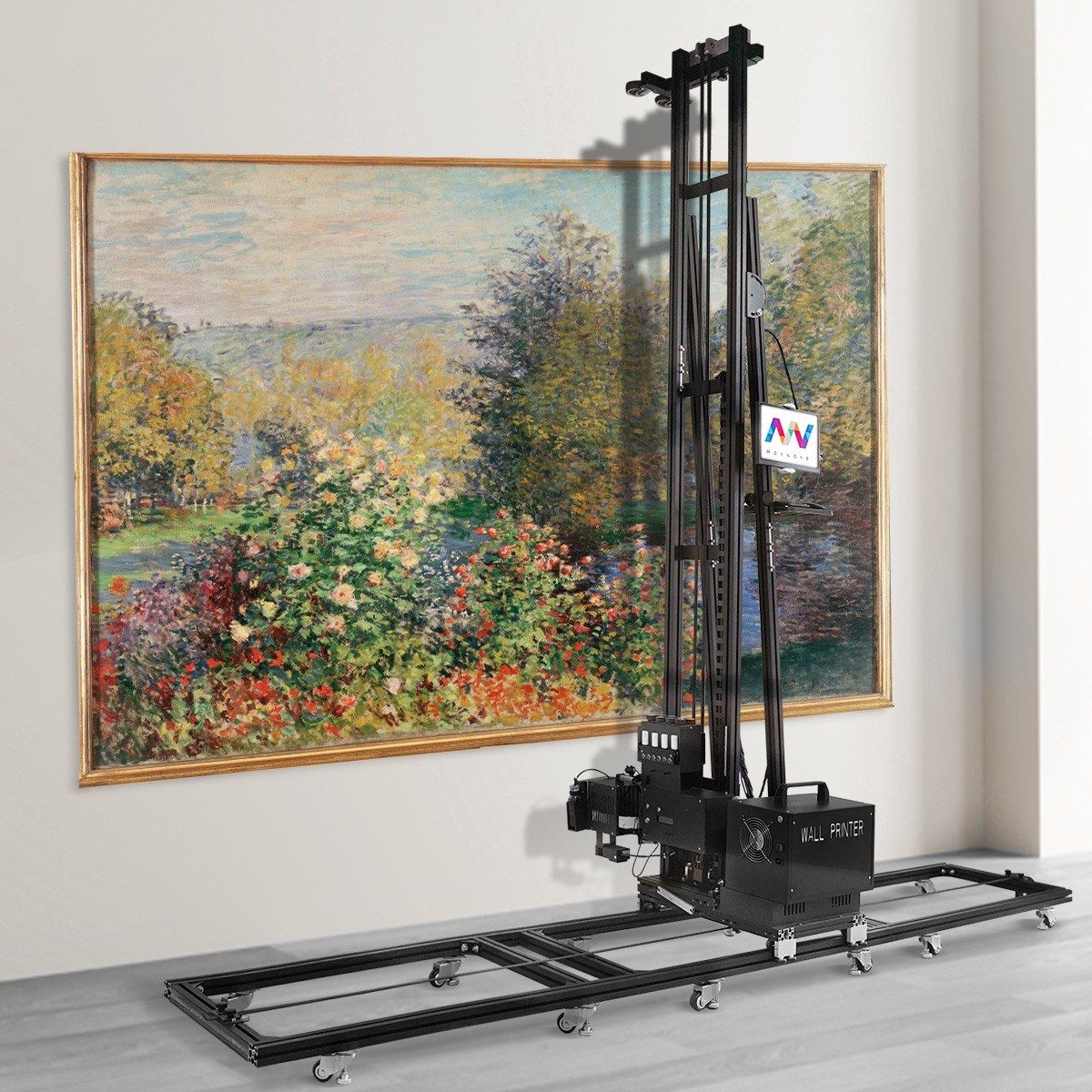 Track-type wall printer beside a garden painting printed on an interior wall