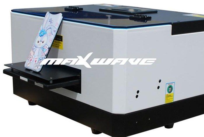 Side view of the A5 UV printer with a phone case printed on the tray