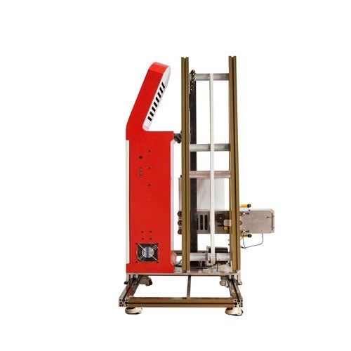 Side view of the kiosk-style wall printer showing the mast, print carriage and floor frame