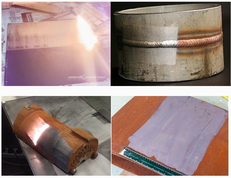 Laser cleaning samples: oxide removed from a steel sheet, a cleaned weld seam on a stainless tube, and rust stripped from a steel block and plate