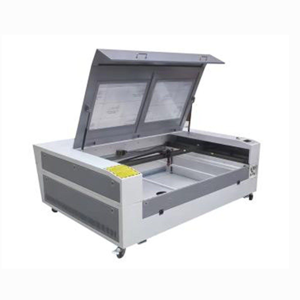 1390 CO2 laser cutting and engraving machine with the twin-panel lid open over the flatbed