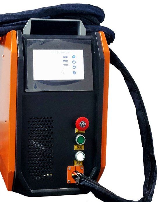 Front panel of the 1000/1200 W welder: touch screen, emergency stop, system and laser switches, and the fiber cable outlet