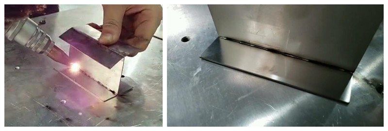 Handheld laser torch welding a stainless steel corner joint, next to the finished seam