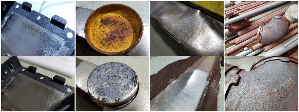 Before-and-after laser cleaning samples: a coated sheet edge, a rusted round cap, a rusted steel strip and a painted cast pipe elbow