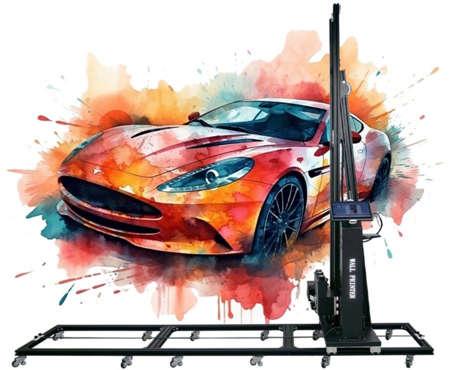 UV wall printer beside a printed watercolour car mural