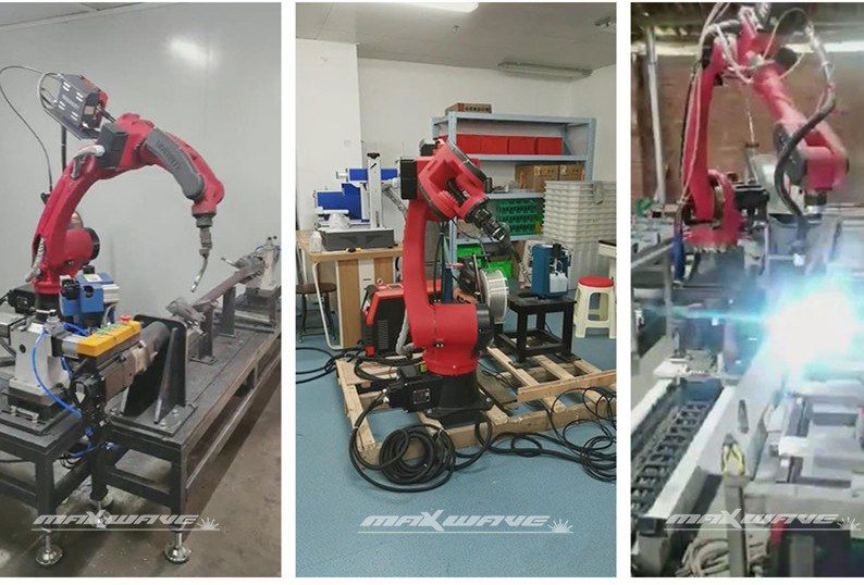 MW-RB1506 robot arms in use: welding at a fixture table, on a pallet in the Maxwave workshop, and running a weld in a production cell
