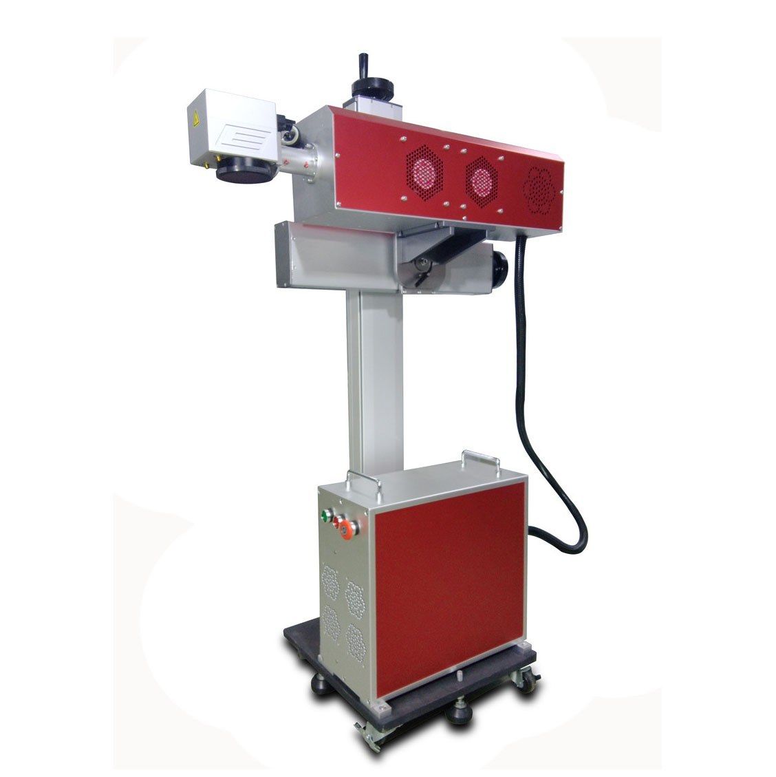 Flying CO2 laser marker in red finish with swivel head bracket and mobile base