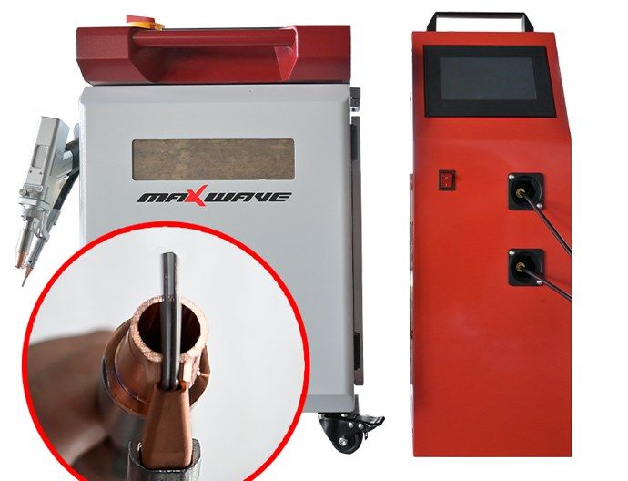 Front view of the MW-HW main unit and double wire feeder, with an inset of the copper nozzle guiding two filler wires