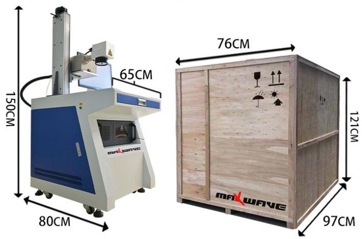 MW-UV cabinet UV marker with dimensions 80 × 65 × 150 cm beside its export crate
