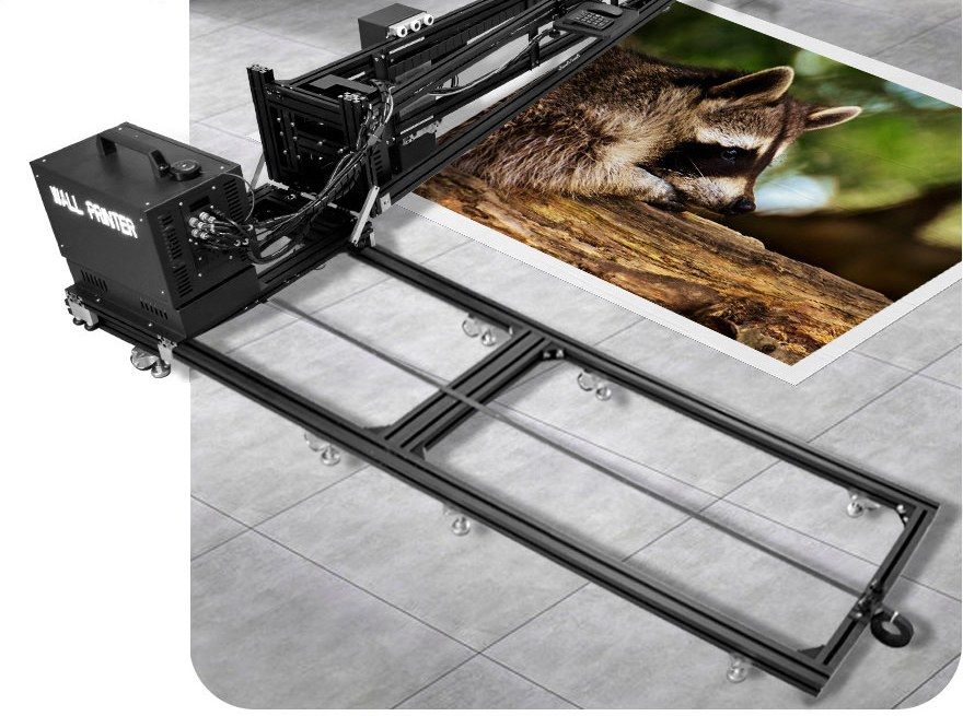 The same printer converted to floor mode, printing a raccoon image on a tiled floor